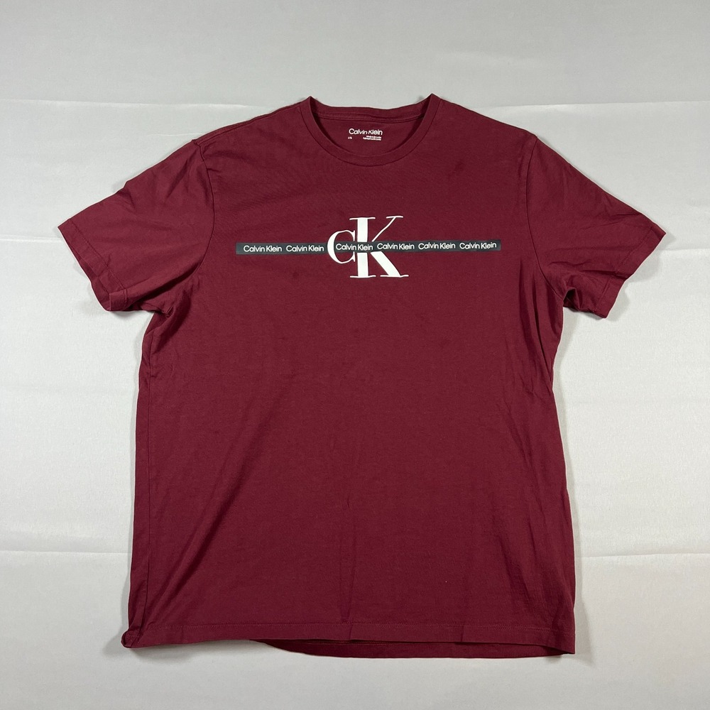 Calvin Klein T Shirt Mens Large Maroon Repeat Tape Layer Logo Graphic Crew Neck